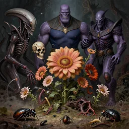 the platonic ideal of flowers, rotting, insects and praying of cletus kasady carnage thanos dementor chtulu mandelbulb schpongle bioshock xenomorph dead space, ego death, decay, dmt, datura stramonium, concept art by randy vargas and zdzisław beksinski and greg rudkowski