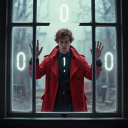 prophet in a red coat looking through the window. breaking out of the matrix. 0 0 1 0 1 1 0. august 2 7 th, 2 0 2 2 by beeple, spiritual art, digital art, trending on artstation, concept art, symmetrical, spiritualist
