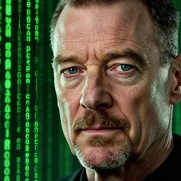 close up still of walter white seeing the matrix code, highly detailed face, highly detailed skin, award winning scene, photography, photo, beautiful glitching green matrix code