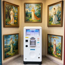 a ticket dispenser surround by beautiful paintings, concept style