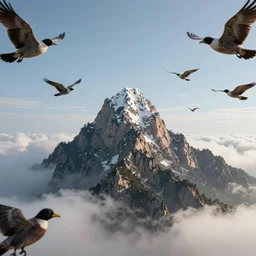 A flying mountain on the sky surrounded by birds with human heads. Photo realistic.