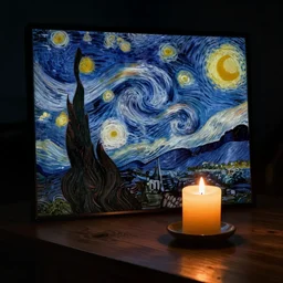 candle in the dark, lit on a candle holder, on a wooden table, in the dark, art by Vincent van Gogh