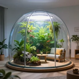 underwater house made from a glass dome, vertical farming,comfy living room