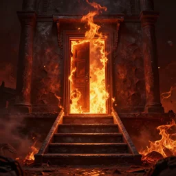a staircase leading up to a door with fire coming out of it, a digital rendering by kamal ud - din behzad, cg society, happening, hellish background, hellish, unreal engine