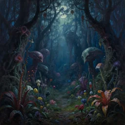 a cinematic masterpiece painting of exotic alien mystical gothic forest of despair and misery at midnight, exotic flora, by Marc Simonetti, by Alex Grey, by Wayne Barlowe, by Paul Lehr, by Tim Hildebrandt, by Bruce Pennington, by Zdzisław Beksiński, oil on canvas, masterpiece, trending on artstation, featured on pixiv, cinematic composition, beautiful lighting, sharp, details, hyper-detailed, no frames, HD, HDR, 4K, 8K