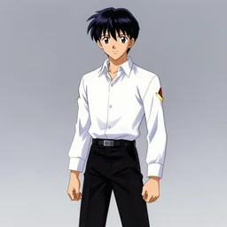 anime illustration of ikari shinji wesring a white shirt and black pants, standing by his evangelion evangelion unit - 0 1 on an empty highway at sunrise, cinematic lighting, evangelion rebuild anime 1 0 8 0 p, 9 0 s anime aesthetic, volumetric lights, rule of thirds, unreal engine render, pinterest wallpaper, trending on artstation