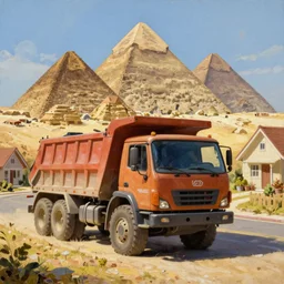 classic oil painting, inner earth a dump truck at the pyramids, as a dnd character, on a sunny populated suburban street, cottagecore, highly detailed, digital illustration, concept art, smooth, sharp focus, art by greg hildebrandt, and tim hildebrandt
