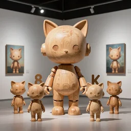 8 k octan advertising photo, a totally wooden sculpture collection art toys on feet, very cute cyborg zen with cat ears, cyberpunk a contemporary art gallery