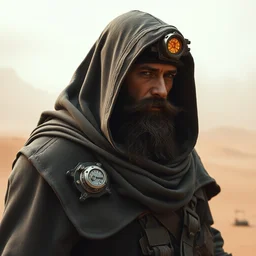 a bearded cloaked rugged engineer man with cybernetic enhancementslost in the desert, scifi character design by greg rutkowski, esuthio, craig mullins, cinematic lighting, dystopian scifi gear, gloomy, profile picture, mechanical, half robot, implants, steampunk