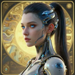 cyberpunk full shot, looking left 4 5 degree, very detailed, cgsociety, artstation, female, clean, symmetry, blue eyes, nice clothing, intricate, impossible beauty, golden ratio, eye implant bionic, ponytail, staring in the void, art by krenz cushart and artem demura and alphonse mucha