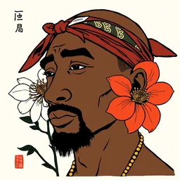 a stylized minimalist portrait of tupac with a bandana and a chrysanthemum. shin hanga and kawanabe kyosai and cory loftis and rossdraws and wlop and rossdraws and greg rutkowski weta studio, golden ratio, flat colors, thick black outlined, woodblock print