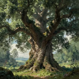 A 100 year old ancient huge tree, fantasy painting, lots of detail