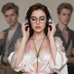 pod!!!!!!!!!!!!!!!, nier automata, pale pink and white silk robe and decollete bra, wearing glasses, listening to music, art by artgerm, wlop, loish, ilya kuvshinov, 8 k realistic, hyperdetailed, beautiful lighting, detailed background, depth of field, symmetrical face,