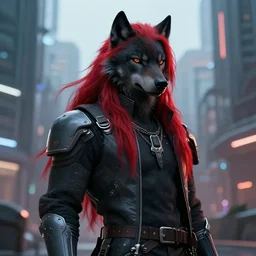 portrait of a anthropomorphic black male wolf with red long red hair wearing futuristic clothes in a futuristic city | | concept art, 4 k, volumetric lighting, highly detailed, trending on artstation