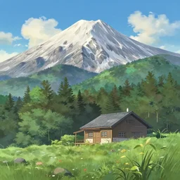 a beautiful mountain with a nice house by Marc Simonetti and James Gilleard, Makoto Shinkai