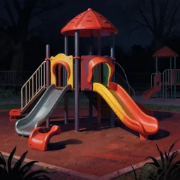 editorial illustration by Karolis Strautniekas and Mads Berg, colorful, lonely playground, fine texture, detailed, film noir, stark contrast, dramatic lighting, dynamic composition, moody, vivid, volumetric