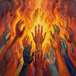 An oil painting of many colored hands from before reaches above for a blaze for all from ritikiyu ninomi