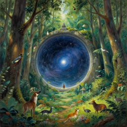 intergalactic stargate portal in the middle of a forest, with animals and birds all around it by asher brown durand