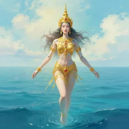 detailed, sharp dreaming humanoid female automata wearing Thai crown golden ornament jewelry floating above ocean by Zdzisław Beksiński. digital art. surreal. Ethereal. Vibant tone
