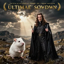 movie poster of the ultimate showdown of a white hamster versus volemort