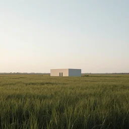 A serene landscape with a singular building in the style of Jordan Grimmer and Justin Gerard.