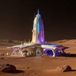 a large colorfully lit futuristic base on the surface of Mars,