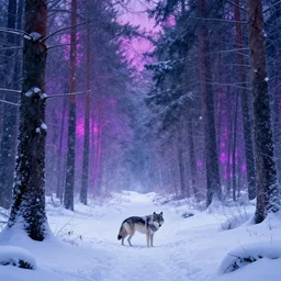 snowstorm landscape, horizon, cinematic lighting, synthwave, colorful, forest, wolf