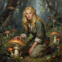 A mixed media portrait painting of a beautiful mycologist woman kneeling in a mushroom grove, detailed Aesthetic! face and eyes, blonde, slavic, by Frank Frazetta, Greg Rutkowski, Beeple, Boris Vallejo, Christian MacNevin, epic fantasy character art, high fantasy, CGsociety, full length, exquisite detail, post-processing, masterpiece, cinematic