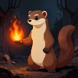 a drawing of a weasel holding a flame, an ultrafine detailed painting by muggur, trending on deviantart, furry art, hellish urban background, chiaroscuro, flat shading