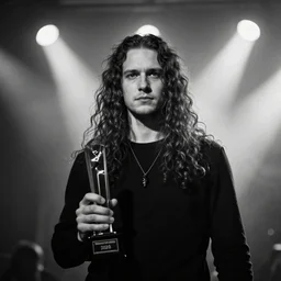 award winning photography of an handsome man, he is 2 7 years old, long curly hair, shaved, multiple lights, black and white, foggy like norwegian black metal aesthetic - n 4