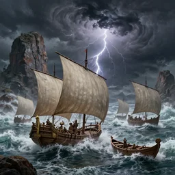 a fleet of ancient trojan sailboats, amidst crashing waves and huge looming rocks, whirlpool, trireme, skiff, wooden sailboats, by greg rutkowski, grim, lightning flashes, sky swirling with black wind, dark sky, dramatic, realistic, detailed, ancient, artstation, artgerm, digital painting
