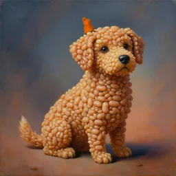 painting of a very cute dog consisting entirely of british baked beans, body entirely made of british baked beans, by zdzislaw beksinski, by dariusz zawadzki, by wayne barlowe, gothic, surrealism, cosmic horror, lovecraftian, cold hue's, warm tone gradient background, concept art, beautiful composition