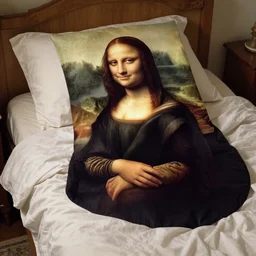 woman with the face of Monalisa lying on bed, by leonardo da vinci , large comfy bed ,large comfy bed, large comfy bed