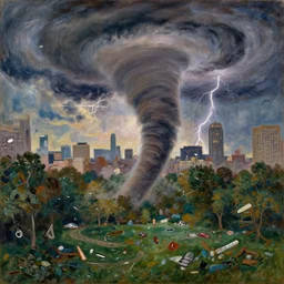 a detailed illustration of a massive tornado touching down in the middle of central park, flying trees and park items, calamity, dark storms with lightning, 8 k, art by claude monet and andreas rocha and albert bierstadt