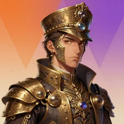 portrait of a steampunk sultan, light dust, magnificent, close up, gradiant orange to purple, triangles in background, details, sharp focus, elegant, highly detailed, illustration, by Jordan Grimmer and greg rutkowski and PiNe(パイネ) and 薯子Imoko and 香川悠作 and wlop and maya takamura, intricate, beautiful, Trending artstation, pixiv, digital Art