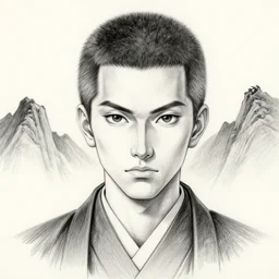 demon samurai warrior , short hair, made by Yusuke Murata,  ArtStation, CGSociety, direct gaze, beautiful face, mountains in the background, perfect composition, symmetrical face,symmetrical eyes,pencil art on paper