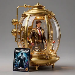 dr manhattan and his ( ornate golden glass steampunk time machine ), watchmen, dim light, front game card, marvel comics, dark, intricate, highly detailed, smooth, artstation, digital illustration by ruan jia and mandy jurgens and artgerm and wayne barlowe and greg rutkowski and zdislaw beksinski, and adi granov