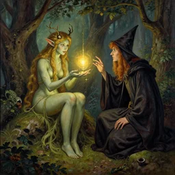 A dryad learns magic from an apprentice wizard, matte painting, 1900s