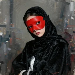 sad and bored, dressed as a model, beautiful face and eyes, red mask on her face, black velvet fabric, highly detailed, white accents, cel shaded, cinematic shot, trending on artstation, high quality, detailed and chaotic background, brush strokes all over, by tom bagshaw and jama jurabaev