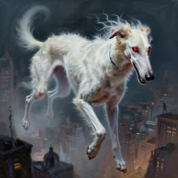 very oily aggressive painting of a demon borzoi with white fur and glowing red eyes floating above a city looking down on humanity, a short but twisted body, borzoi, venom movie, ghostly form, cities below him, transparent, d & d, highly, in the style of frank miller, detailed art, digital art, art stations, concept art, sharp focus, illustration, cinematic