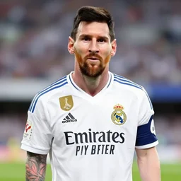 a stunning portrait of leonel messi proudly wearing a real madrid jersey, accurately detailed eyes and body structure, studio lighting, global lighting, shallow depth of field, sharp focus, intricate details, 8 k octane render, cinematic, photojournalism, fifa cover, commercial, soccer