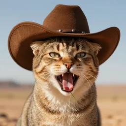 panting of a cat with a cowboy hat, piece of grass in his mouth, desert background, coherent composition, artstation