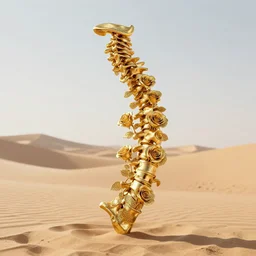 a human spine made of gold + roses + gold filigree + kintsugi!!!, serene desert setting, transcendent, clean linework, finely detailed, 4 k, trending on artstation, photorealistic, volumetric lighting, octane render