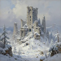 Trending on artstation, beautiful snowy snow covered lost city, detailed matte painting, oil on canvas