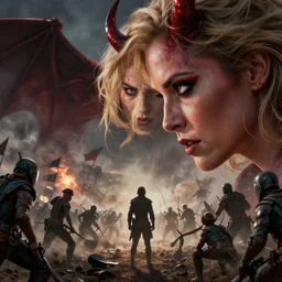 close up cinematic artwork of liz cheney as a demon staring down the enemy on the battleield by greg rutkowski, 4 k, masterpiece
