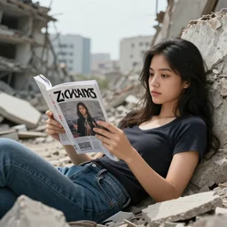 a photo of pretty woman relaxing amidst a collapsed city reading an issue of the silver zine, 4 k