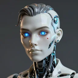 angled facial full-head portrait of a cyberpunk bone ceramic caliente humanoid robot Spanish with an attractive face and handsome features, large glowing eyes, macho, piroca, dotado, guapo, reflective surface, trending on cgsociety, trending on artstation