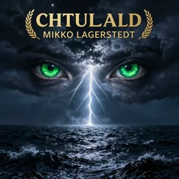 in the style of Mikko Lagerstedt, Lovecraftian, ocean, night, Chtulhu green eyes, storm,  lighting