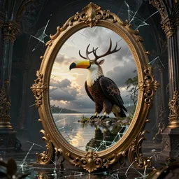 shattered glass texture, toucan eagle creature with deer antlers, lake, reflections, massive oval mirrors, cinematic, filmic, ray tracing reflections, detailed and intricate, elegant, ornate, realistic, golden hour, stormy weather, ominous, dark wet walls of a dungeon, portal