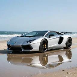 A beautiful silver Lamborghini aventador on the beach, 8k, beautiful reflection